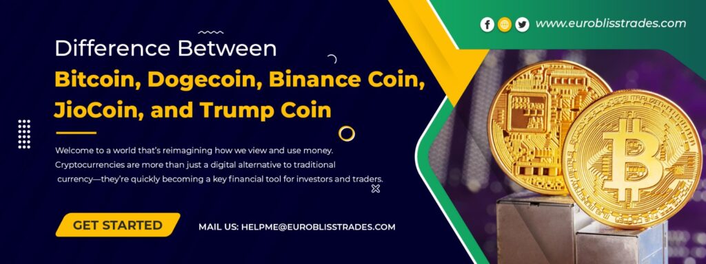 Bitcoin, Dogecoin, Binance Coin, JioCoin, and Trump Coin